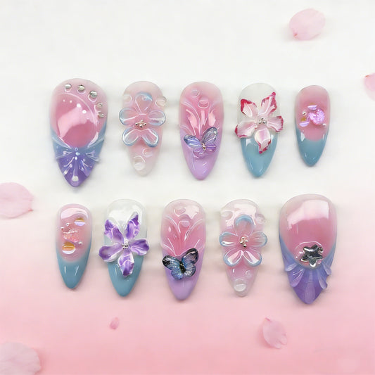 Whimsical Spring Dream Long Almond Ombre Pink and Blue Press on Nail Set with Floral and Butterfly Designs