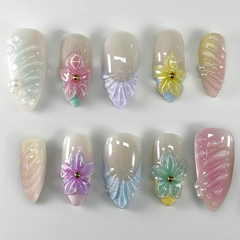 Whimsical Floral Fantasy Long Almond Pastel Press On Nail Set with Three Dimensional Flower Details