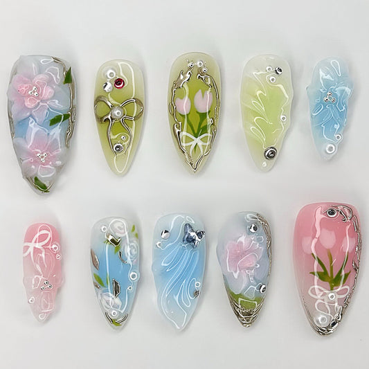 Floral Fantasy Long Almond Pastel Shades With Intricate Flower and Gemstone Designs Press-On Nail Set