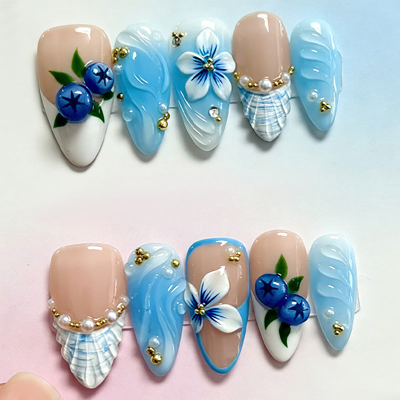 Ocean Breeze Elegance Long Almond Shape Blue and Beige Press On Nail Set with Floral and Pearl Accents