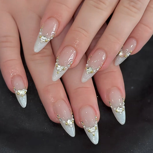 Enchanted Frosted Long Almond Ombre First Snow Nail Set with Elegant Floral Accents