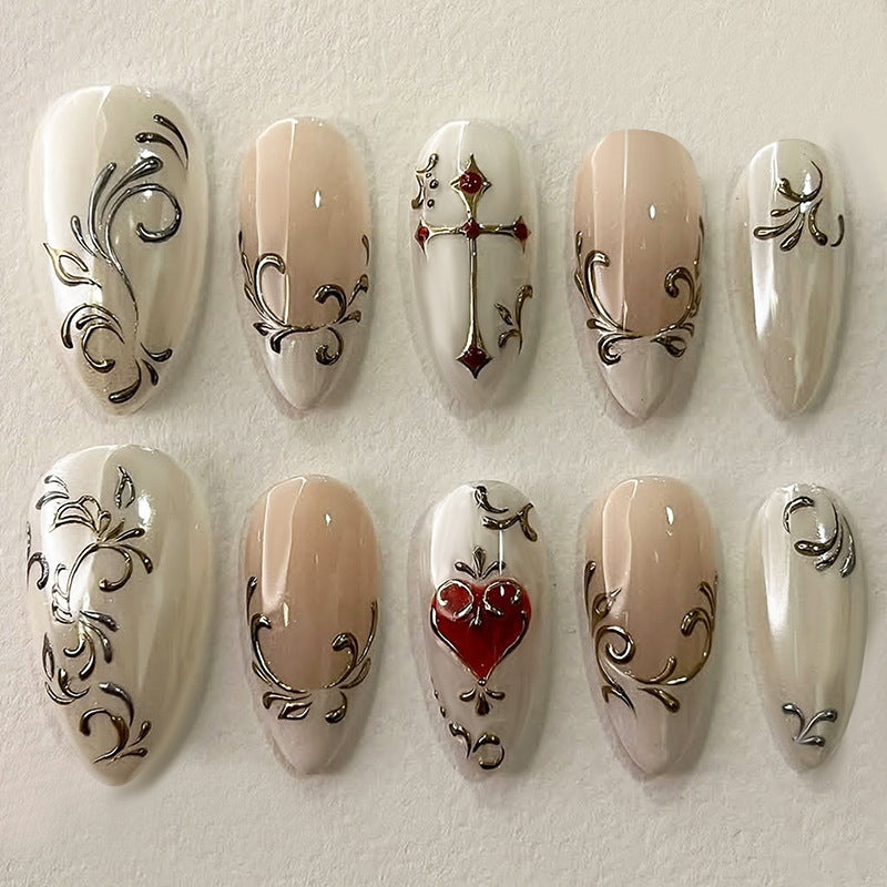 Romantic Elegance Long Almond Cream and Beige Press-On Nail Set with Intricate Silver and Red Embellishments