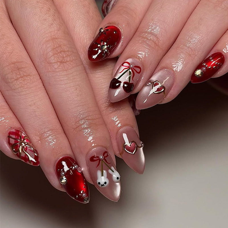 Charming Cherry Blossom Medium Almond Burgundy and Beige Press On Nail Set with Whimsical Bow Detailing