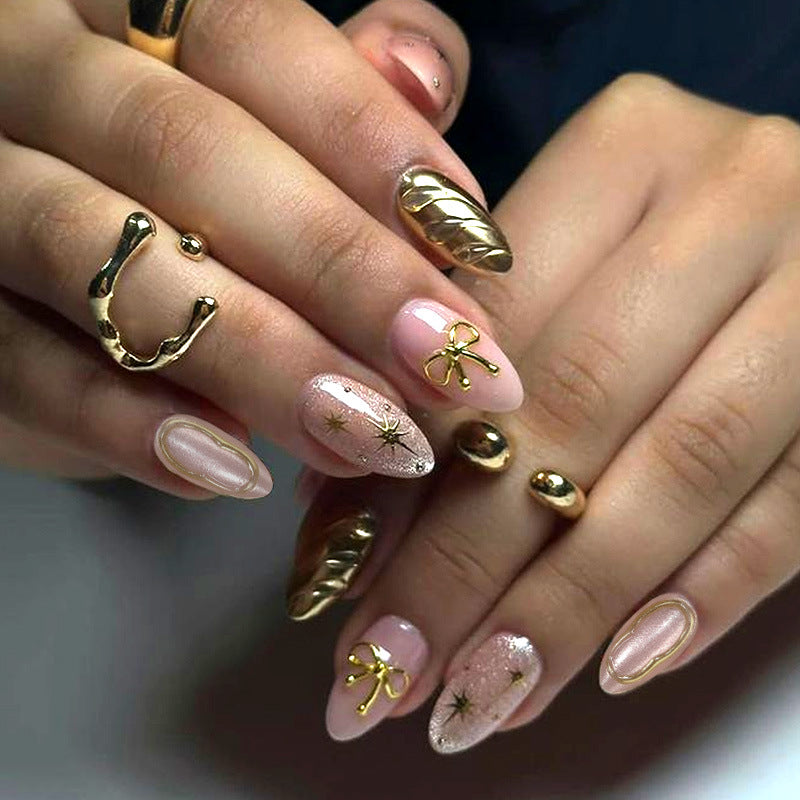 Glamorous Elegance Medium Almond Soft Pink and Sparkling Gold Accents Press On Nail Set