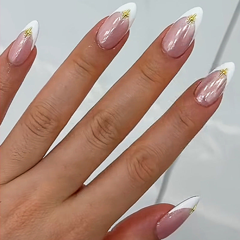 Celestial Dreamy Long Almond Shaped Pink Ombre Press On Nails with Golden Star Accents