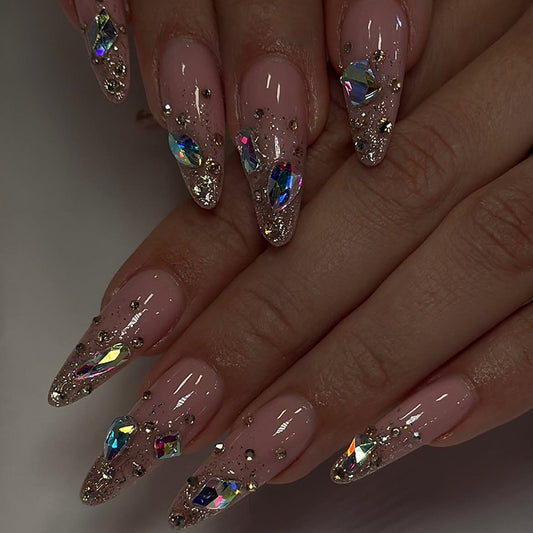 Glamorous Galaxy Long Almond Pink Press on Nail Set with Sparkling Gemstone Accents