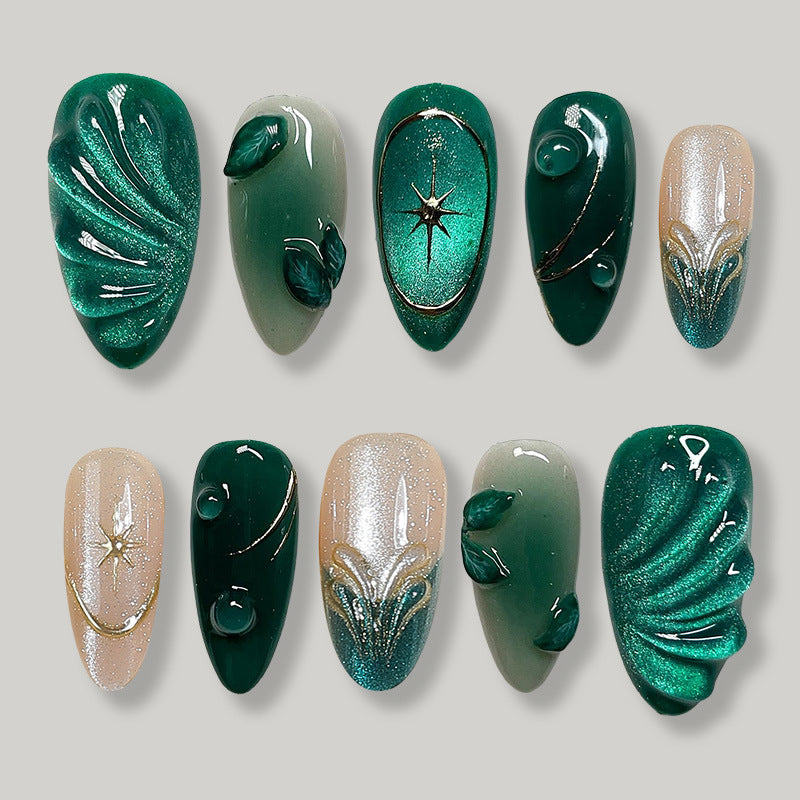 Enchanted Forest Medium Almond Green Press-On Nail Set with Leaf Accents and Sparkling Details