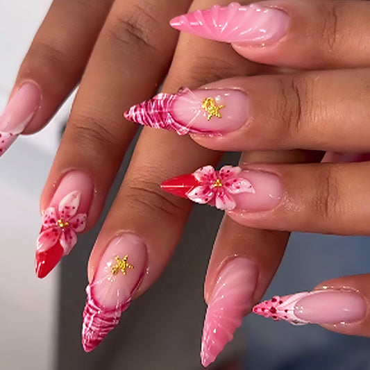 Tropical Paradise Long Stiletto Pink Press On Nail Set with Floral Accents and Glittering Details