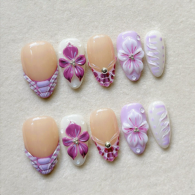 Garden Blossom Elegant Medium Almond Lavender and White Floral Artistry Press On Nail Set