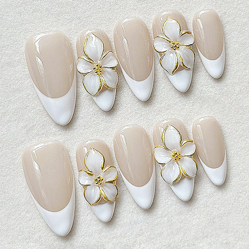 Chic Floral Fantasy Long Almond Beige and White Press-On Nail Set with Elegant Gold Accents