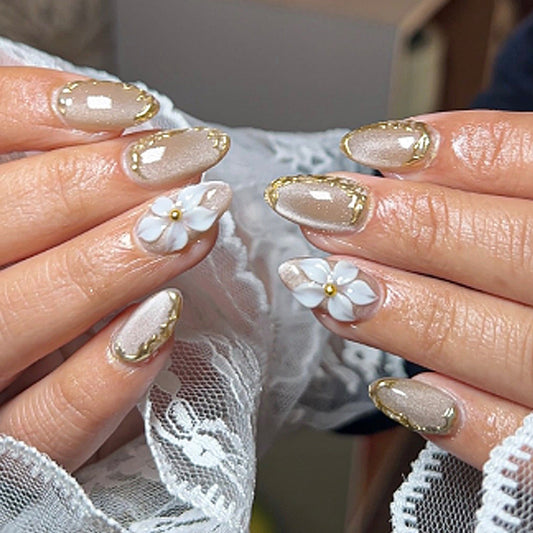 Charming Garden Style Long Almond Shaped Beige Press On Nail Set with Floral Accents