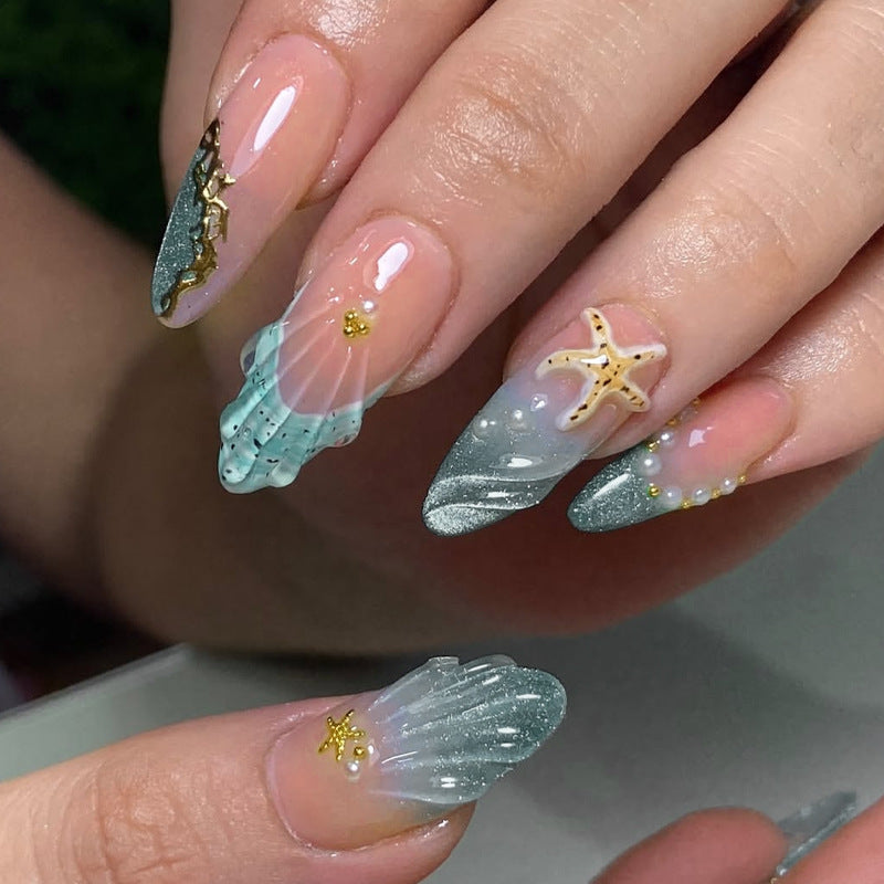 Ocean Bliss Medium Almond Aqua Glitter with Starfish Accents Press on Nail Set