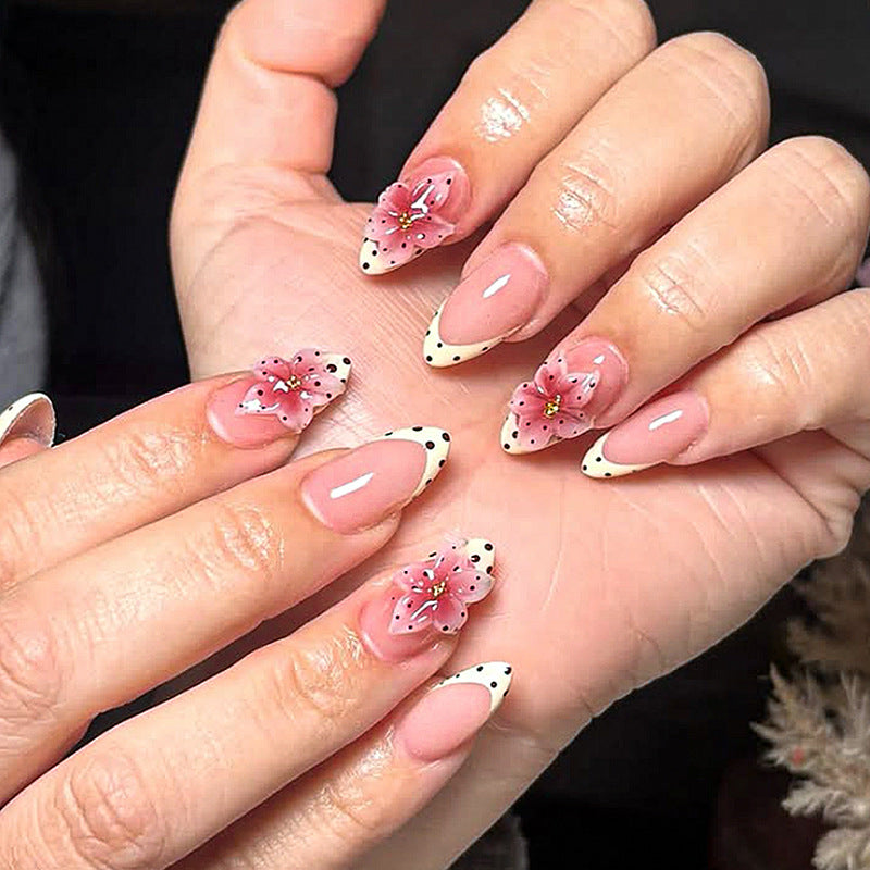 Enchanting Blossom Design Long Almond Pink with Floral Accents and Polka Dots Press On Nail Set