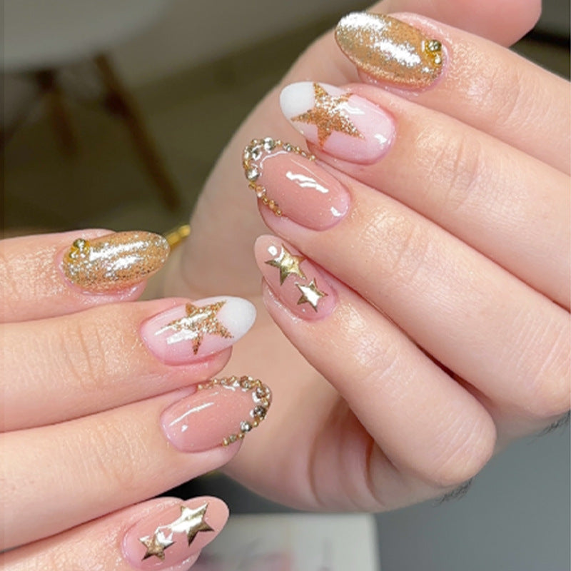 Celestial Glamour Medium Oval Starry Gold Press-On Nail Set with Stunning Glitter Accents