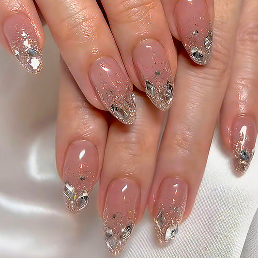 Glamorous Elegance Long Almond Pink Glitter Gradient Press On Nail Set with Sparkling Accents