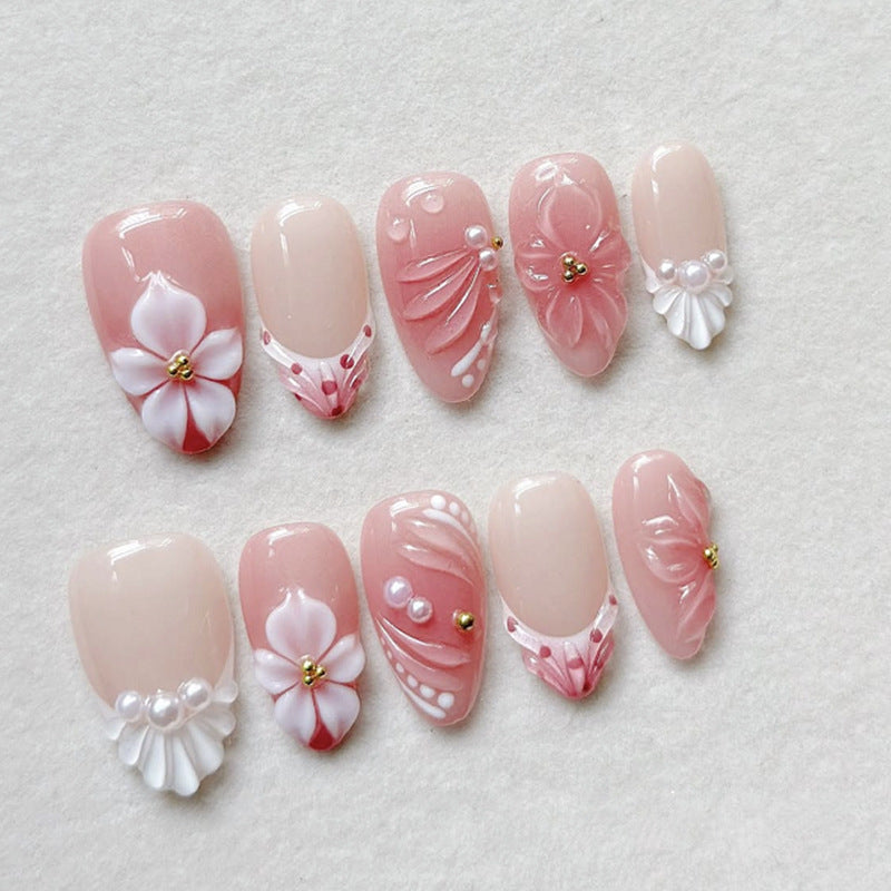 Blossom Elegance Long Almond Pink Floral Design Press On Nail Set with Pearl Accents