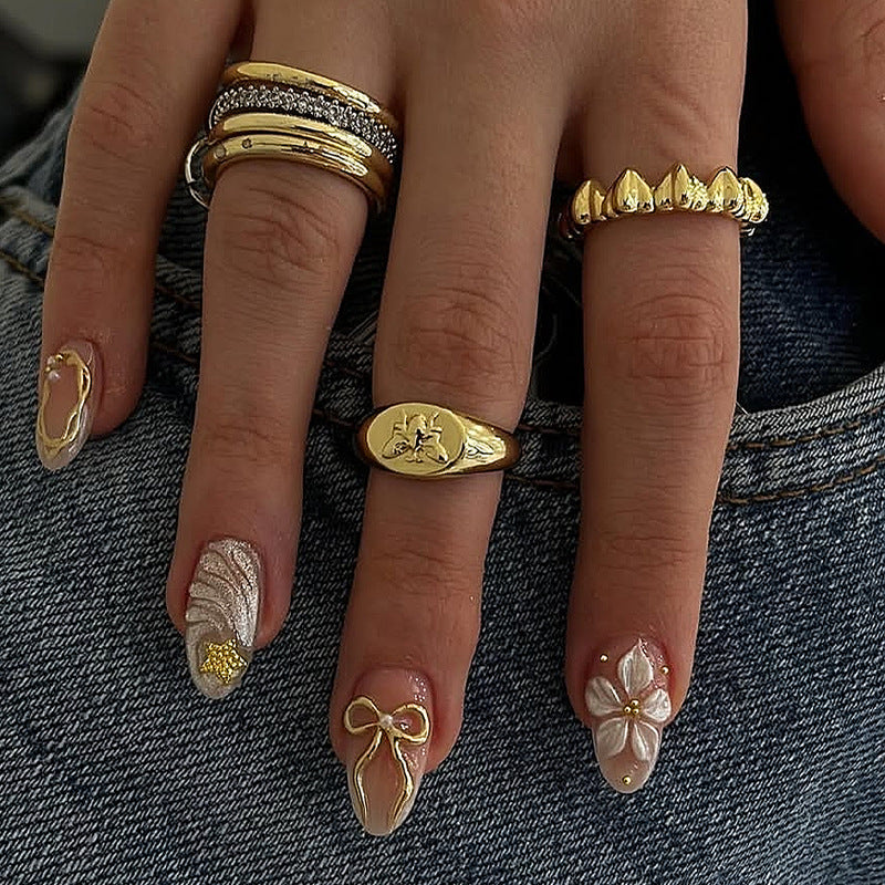 Chic Floral Medium Almond Gold Accented Press On Nail Set