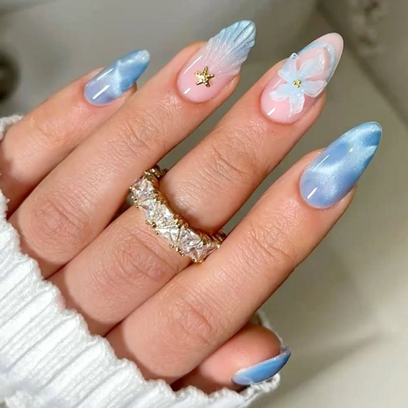Ocean Breeze Medium Almond Blue Gradient Press-On Nail Set with Floral Accents