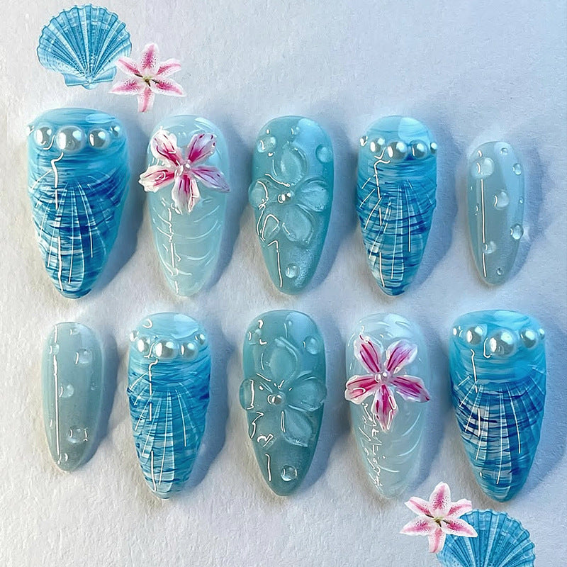 Ocean Breeze Medium Almond Blue with Floral Design Press On Nail Set