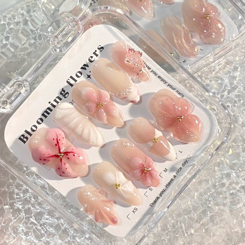 Blooming Elegance Medium Almond Pink Floral Press On Nail Set with Pearl Accents