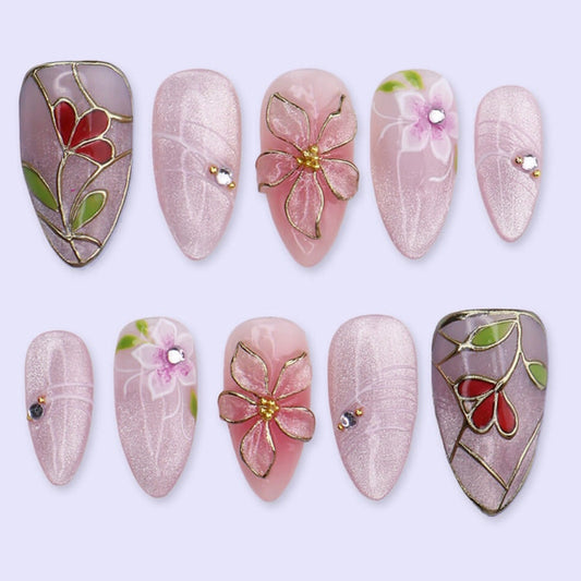 Whimsical Blossom Medium Stiletto Pink Floral Design Press On Nail Set