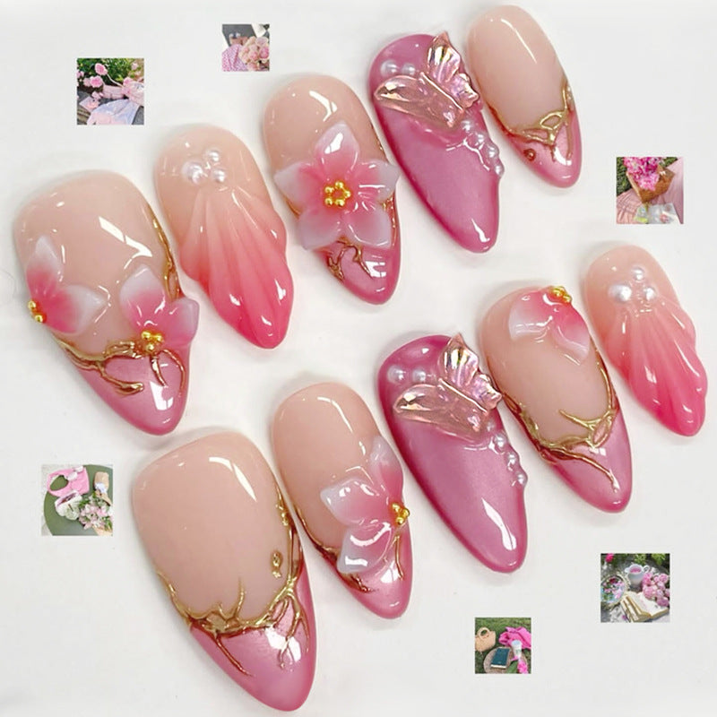 Blossom Dream Medium Almond Pink with Floral Accents Press On Nail Set