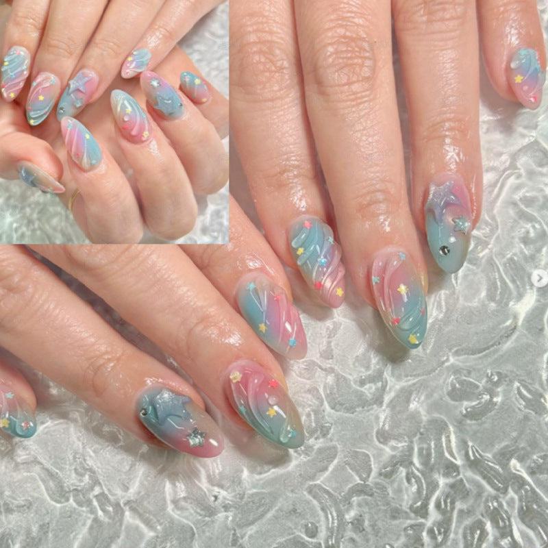 Dreamy Starry Sky Short Almond Blue and Pink Gradient Nail Set