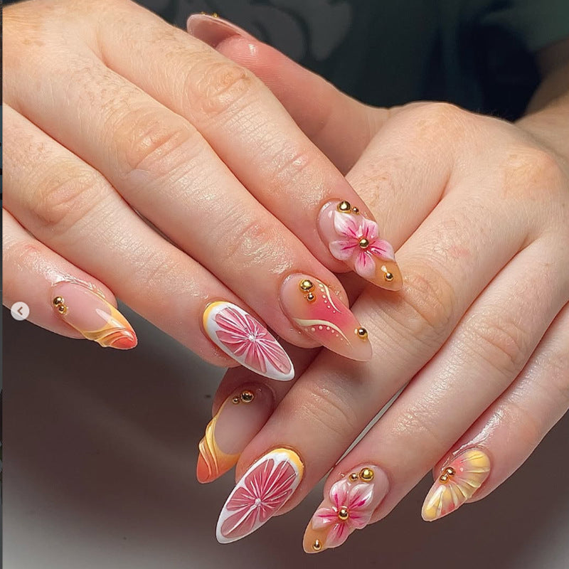Tropical Floral Medium Stiletto Pink Design Press On Nail Set