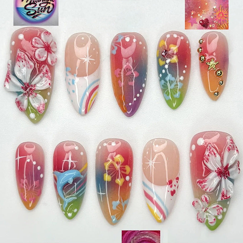 Whimsical Floral Medium Almond Colorful Watercolor Press On Nail Set