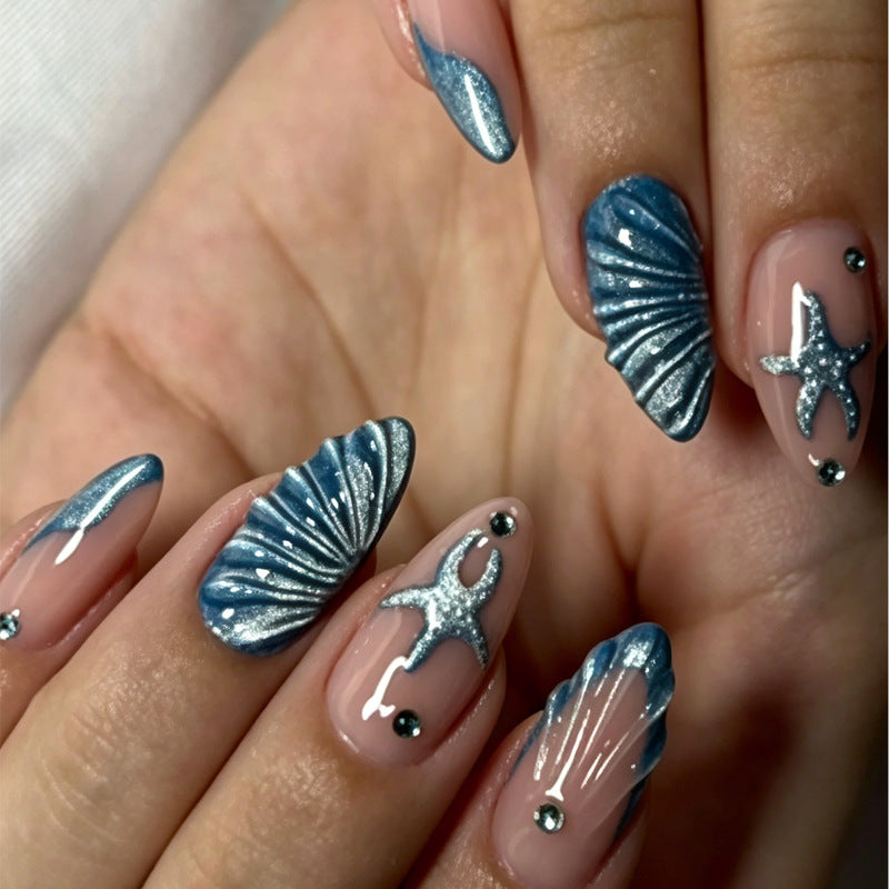 Beach Breeze Medium Almond Blue Glitter Waves Press On Nail Set