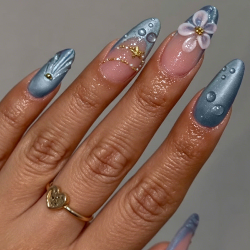 Underwater Elegance Medium Almond Blue with Floral Accents Press on Nail Set
