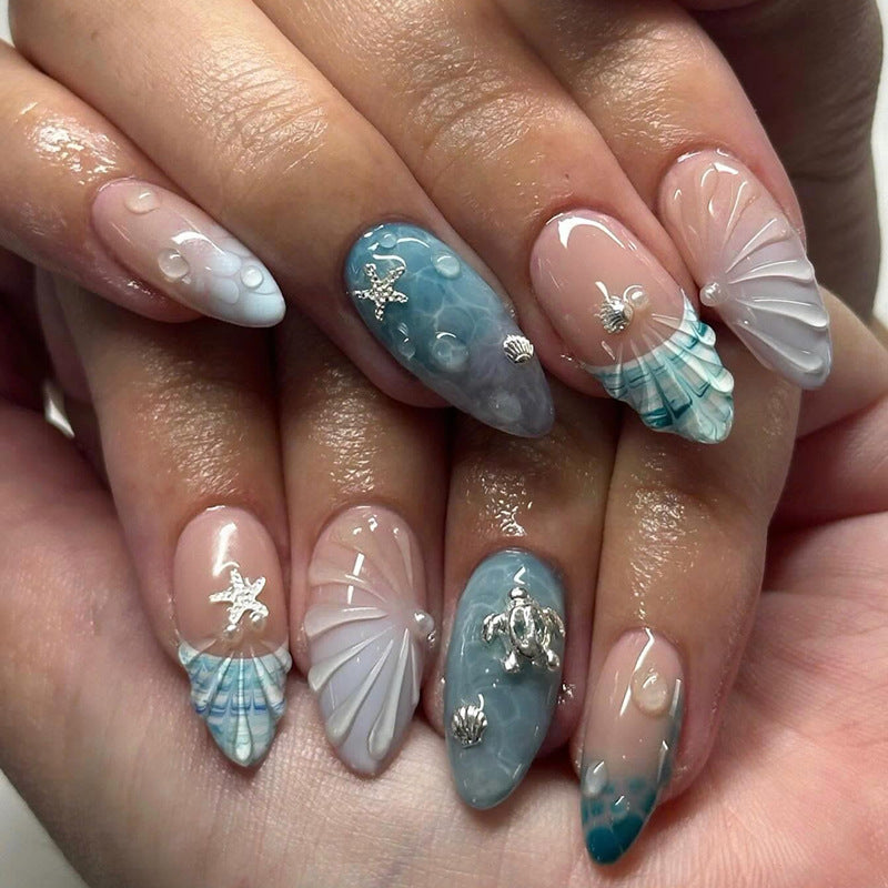 Oceanic Bliss Medium Stiletto Blue Ombre with Sea Shells and Starfish Accents