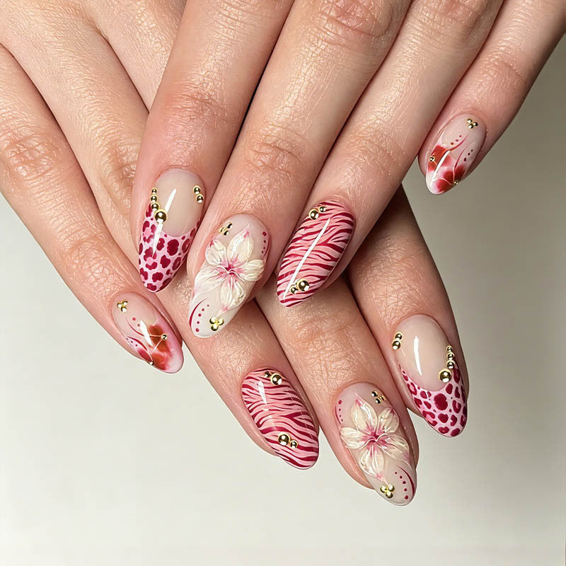 Tropical Vibes Long Almond Pink Floral Press On Nail Set