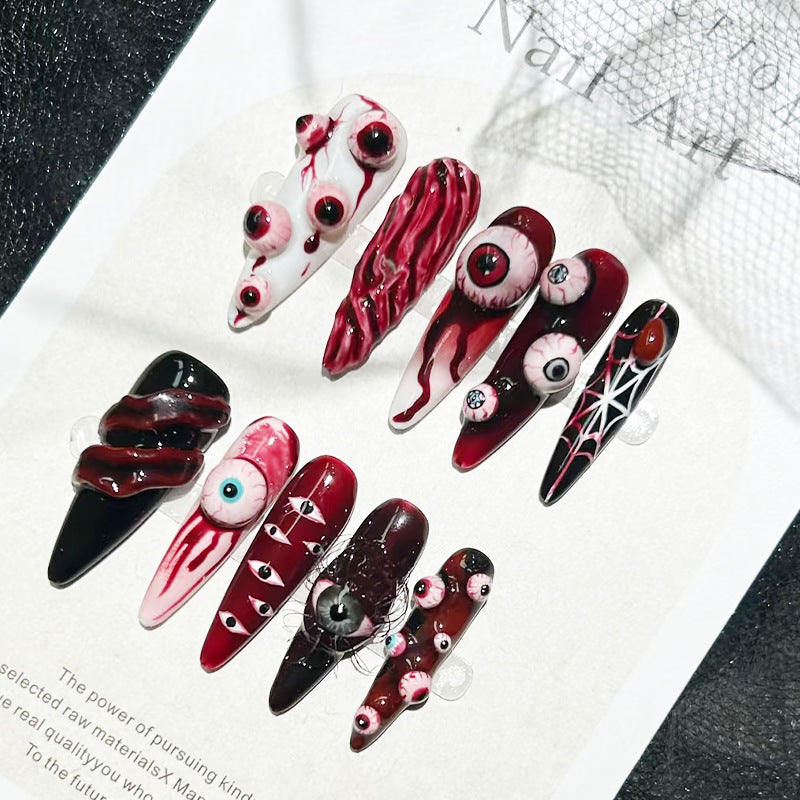 Spooky Vision Long Almond Deep Red Eyeball Design Press On Nail Set