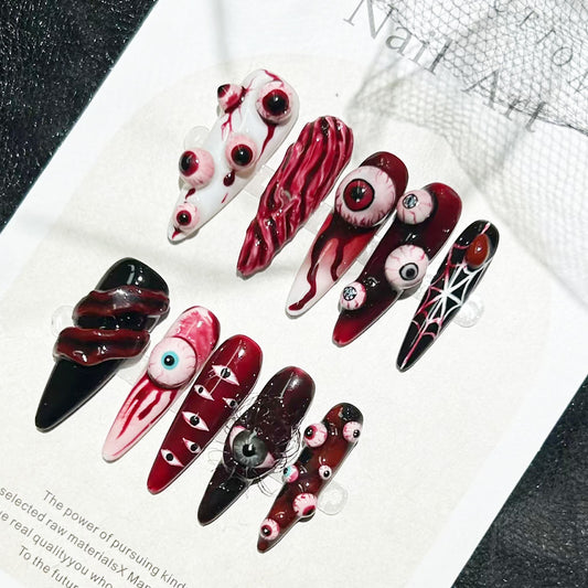 Spooky Vision Long Almond Deep Red Eyeball Design Press On Nail Set