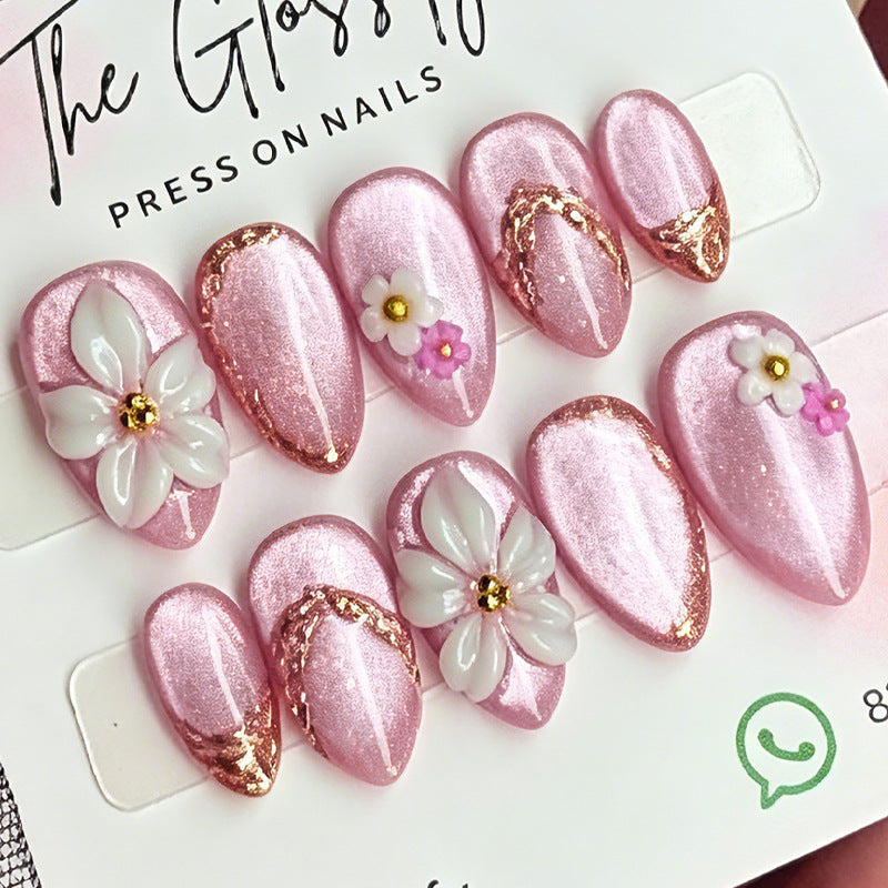 Gorgeous Floral Fantasy Short Almond Pink Press On Nail Set with Elegant Floral Accents