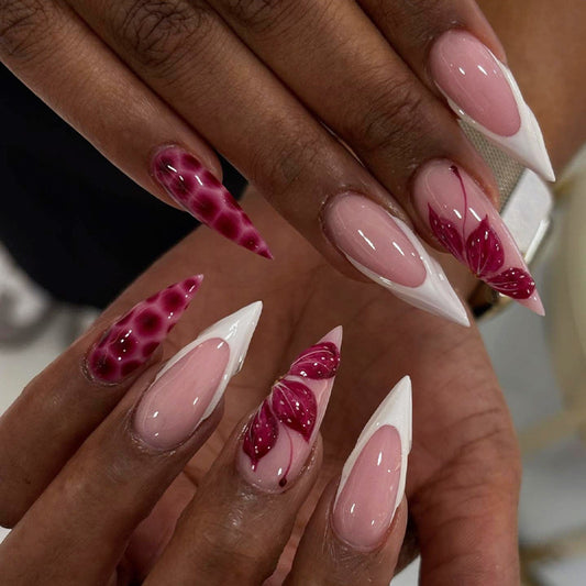 Enchanting Floral Dream Long Stiletto Pink with Striking Burgundy Accents Press On Nail Set