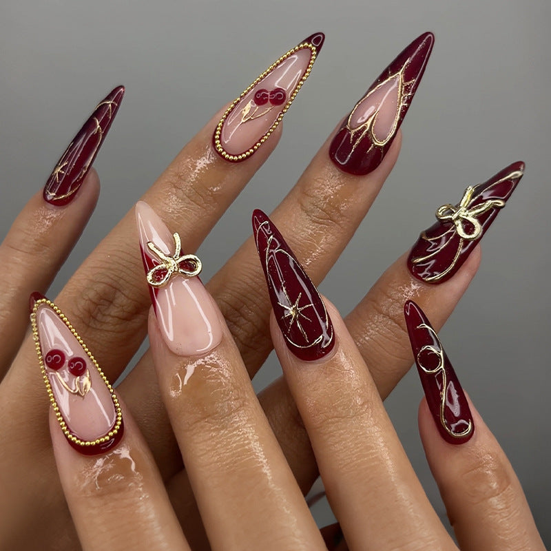 Glamorous Evening Elegance Long Stiletto Shaped Deep Red with Gold Accents Press On Nail Set
