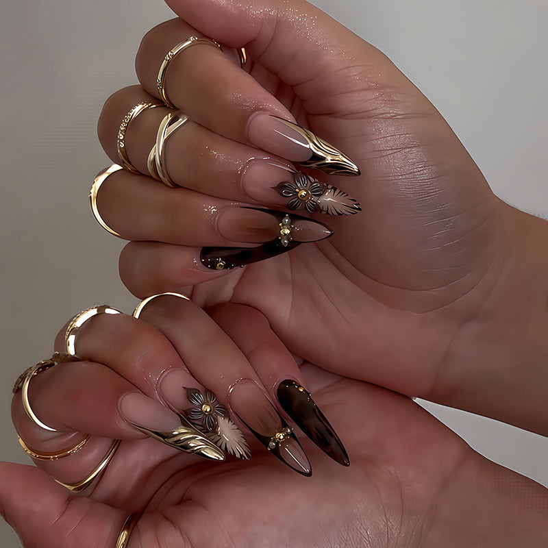 Elegant Affair Long Almond Ombre with Floral Gold Accents Press On Nail Set