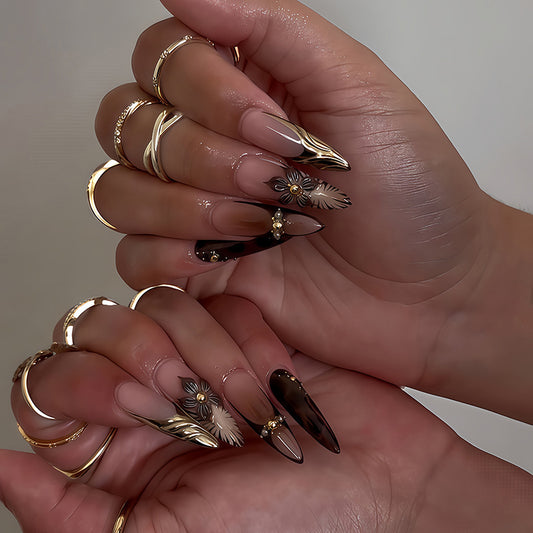 Elegant Affair Long Almond Ombre with Floral Gold Accents Press On Nail Set