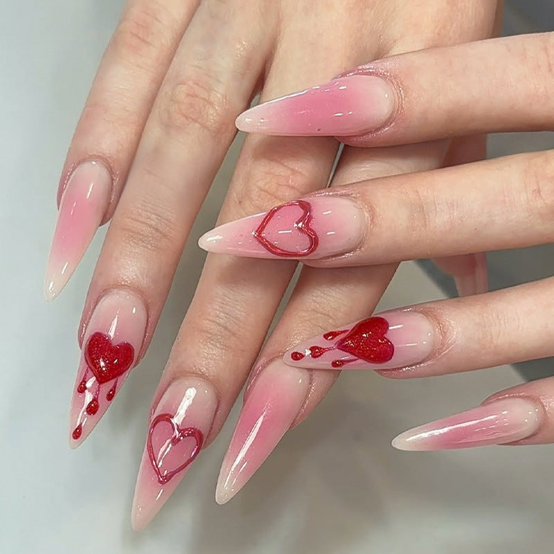 Romantic Dream Pink Long Almond Press On Nail Set with Heart Accents