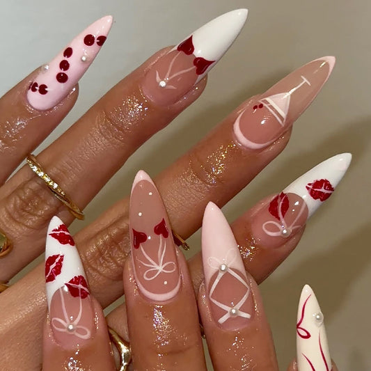 Romantic Cherry Blossom Long Almond Nail Set in Soft Pink and White Featuring Unique Kiss and Bow Designs