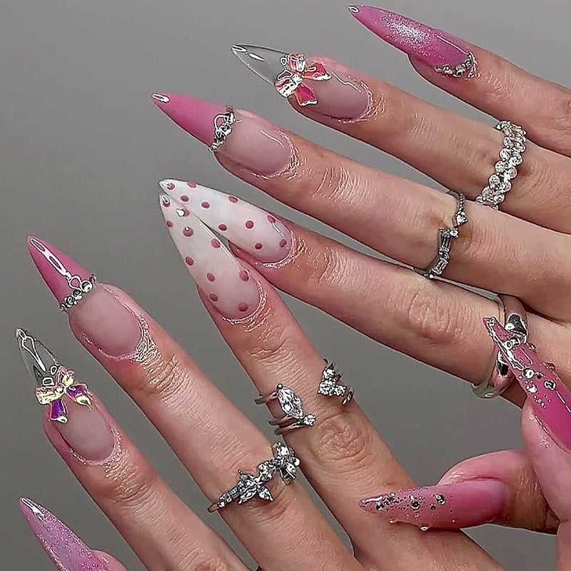 Whimsical Blossom Long Almond Pink Gradient with Dazzling Bow Accents Press on Nail Set