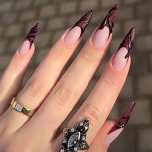 Mystical Elegance Long Almond Shaped Deep Burgundy and Pink Press On Nail Set with Swirl Design