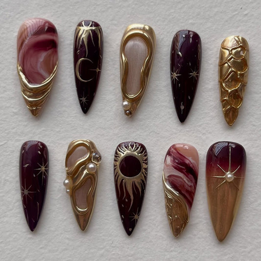 Celestial Elegance Long Almond Burgundy and Rose Marble Design with Golden Accents