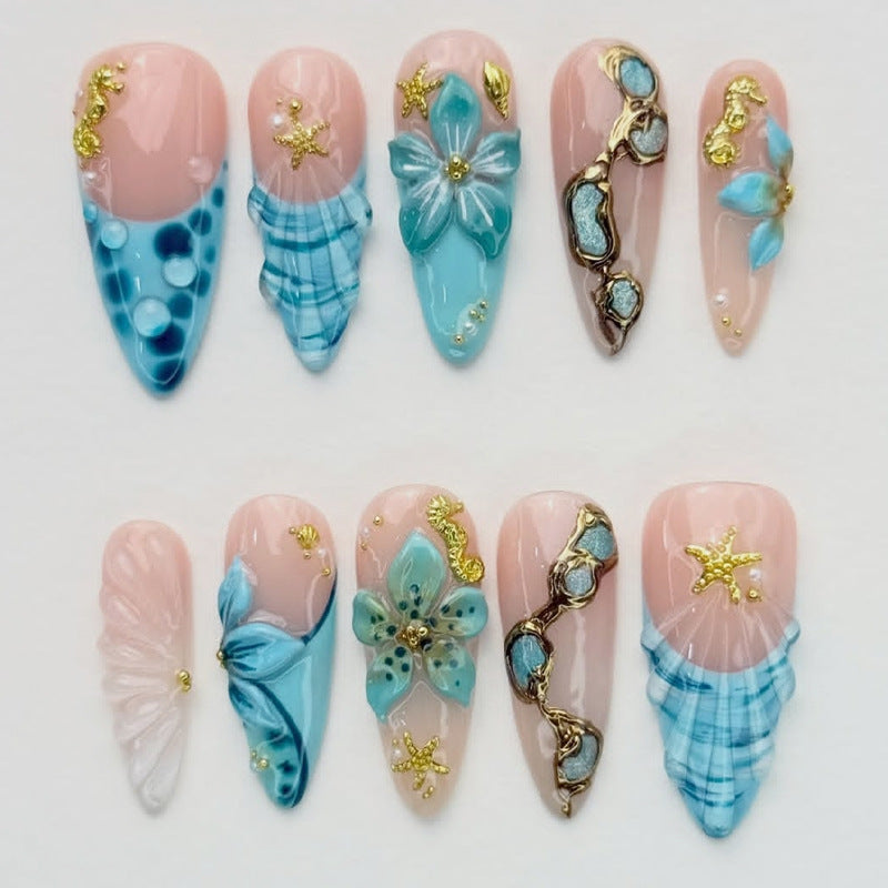 Ocean Breeze Medium Almond Blue Nail Set with Intricate Floral and Starfish Designs