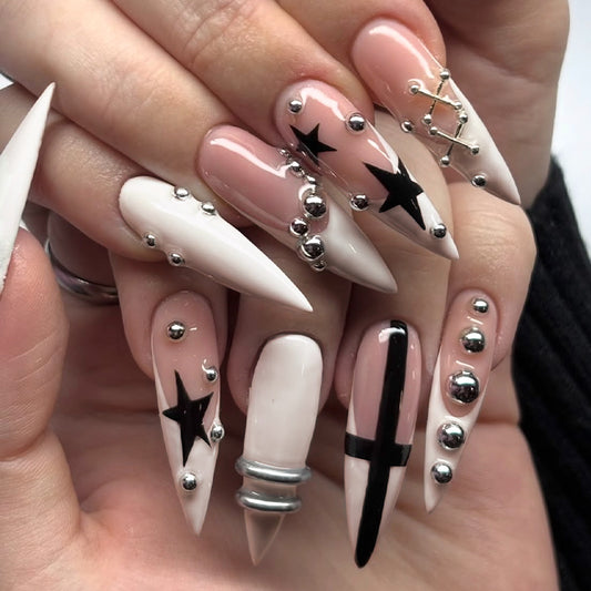 Edgy Glamour Long Stiletto White and Black Press on Nail Set with Unique Metallic Accents