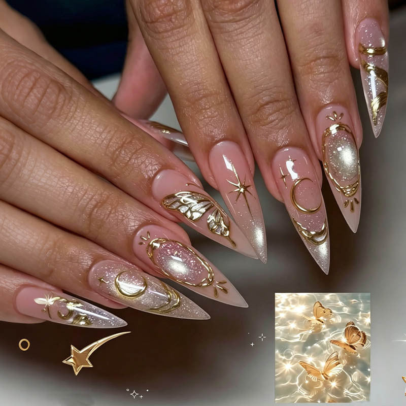 Celestial Elegance Long Almond Beige with Gold Accents Press on Nail Set