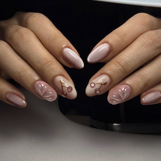Blossom Elegance Medium Almond Shaped Soft Pink With Intricate Floral Design Press On Nail Set