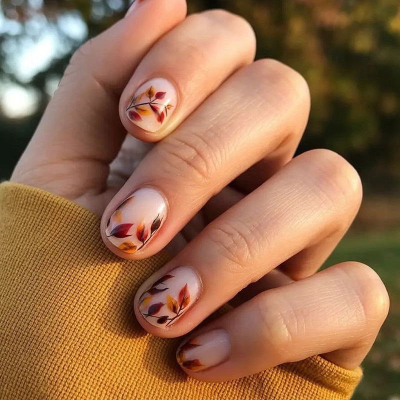 Autumn Bliss Natural Short Oval Translucent With Floral Accents Press On Nail Set